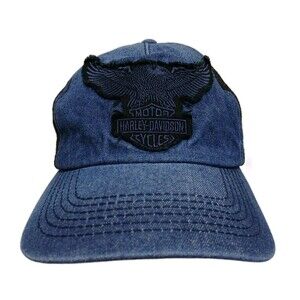 Harley Davidson Eagle Trucker Hat Denim Mesh Snapback Blue Black Retro Big Logo